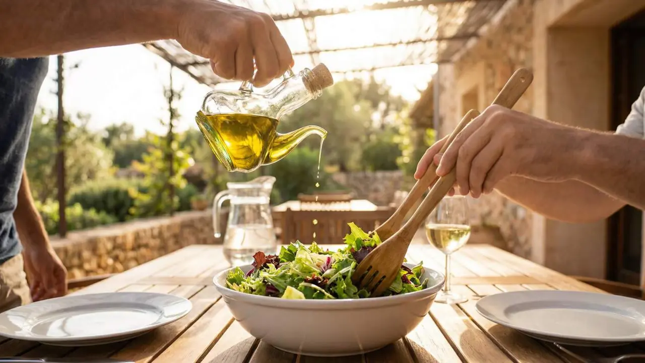 Amanida de primavera amb oli verge extra aplicat com a &uacute;ltim pas per potenciar sabor i textures