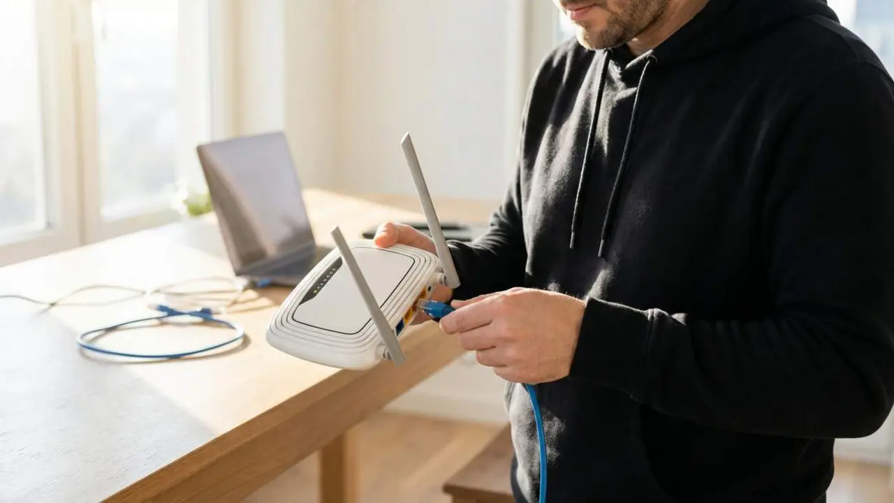 Home subjectant un m&ograve;dem WiFi blanc amb llums encesos per millorar la connexi&oacute; a casa de manera r&agrave;pida i eficient