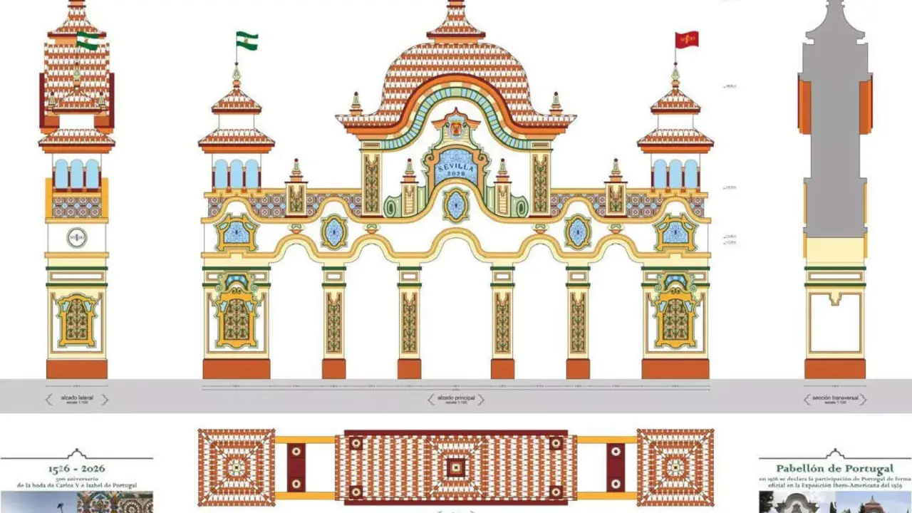 Portada de la "Feria de Abril 2026", inspirada en el Pavell&oacute; de Portugal per a l'Exposici&oacute; Iberoamericana de 1929, dissenyada per Davide Gambini.