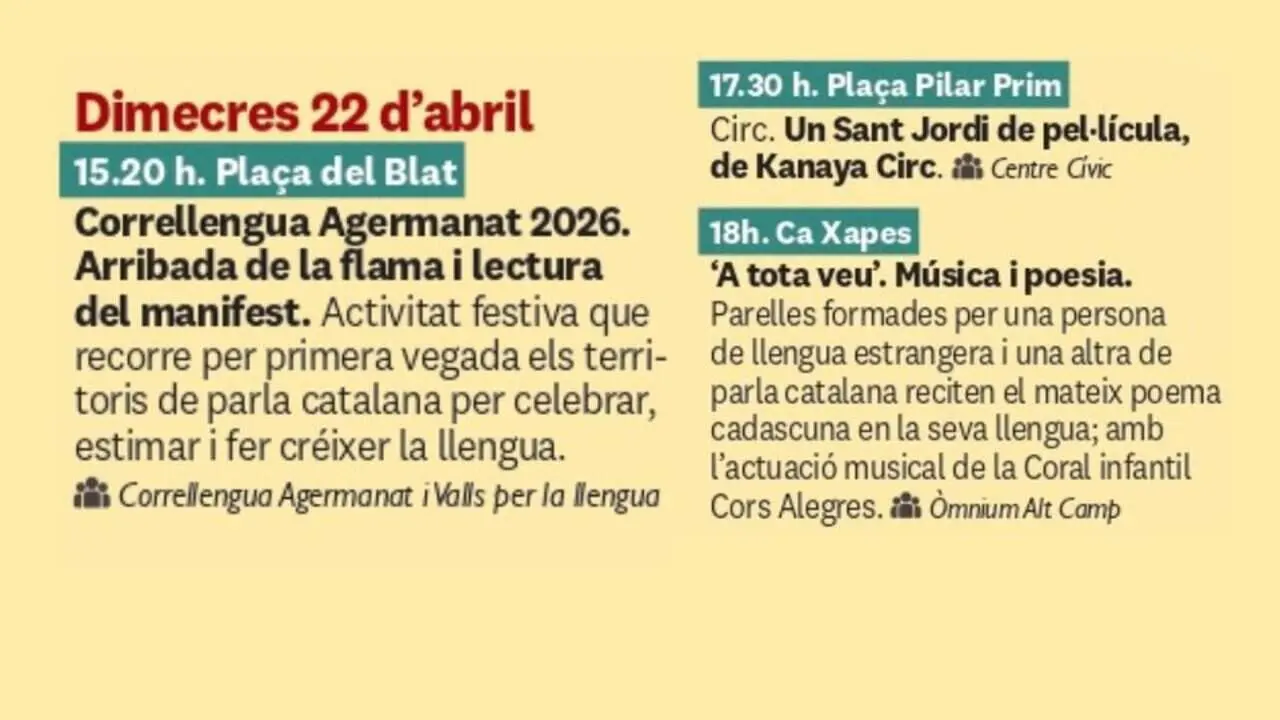 Sant Jordi a Valls 2026 amb actes familiars, concerts, presentacions de llibres i activitats culturals fins al 26 d&rsquo;abril &mdash; Imagen de la Fuente
