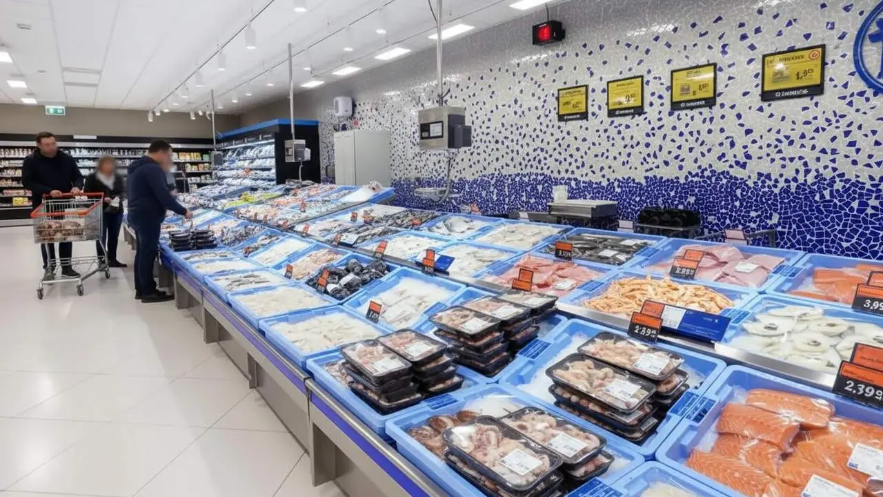 Interior d&rsquo;un Mercadona amb la nova pescateria sense taulell que ofereix peix fresc preparat i en safates per comprar &mdash; Imagen generada por IA