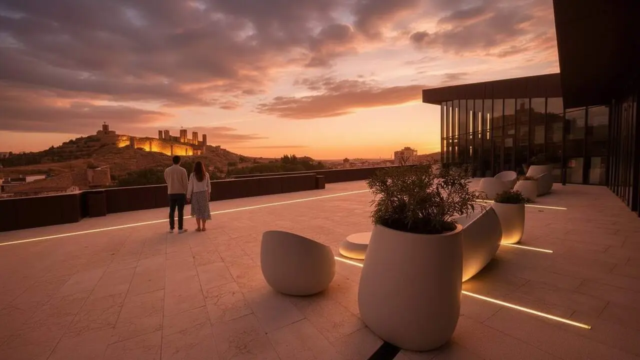 Parador de Molina Arag&oacute;n, a la prov&iacute;ncia de Guadalajara, amb el casell al fons,. Vista real retocada amb IA.