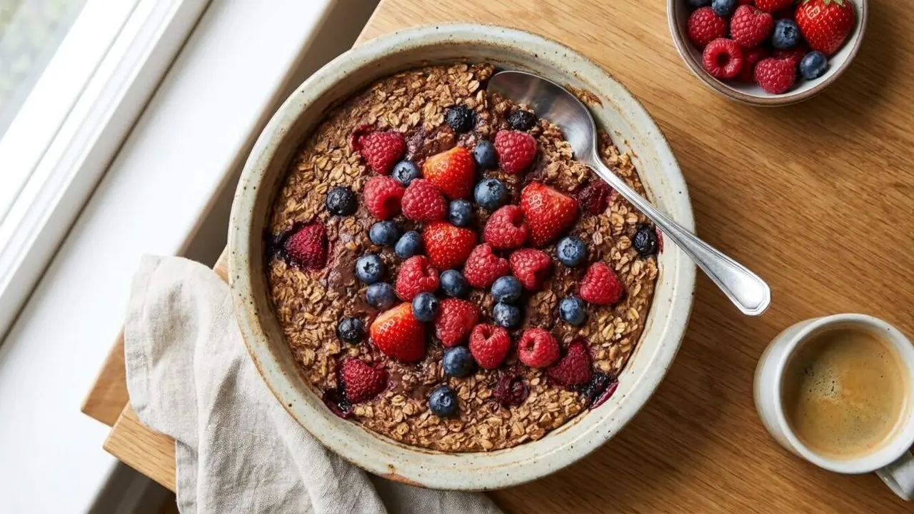  Bud&iacute; d&rsquo;avena al forn amb cacau i fruits vermells frescos per un esmorzar saludable i energ&egrave;tic &mdash; Imagen generada por IA 