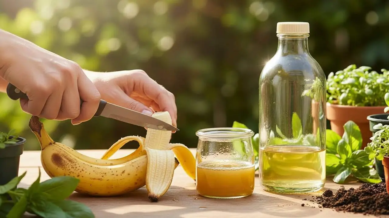  Combinaci&oacute; natural de pell de pl&agrave;tan i vinagre per fomentar el creixement saludable de les plantes al jard&iacute; ecol&ograve;gic &mdash; Imagen generada por IA 