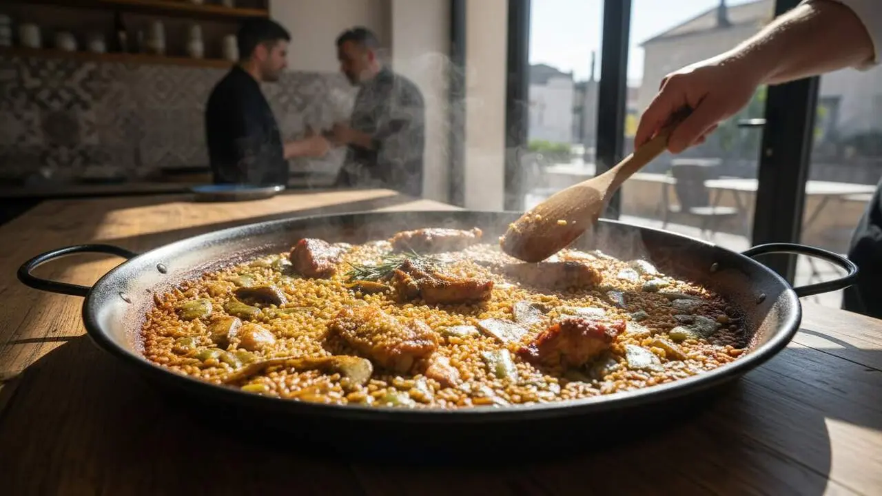  Paella tradicional valenciana preparada per un xef expert amb ingredients frescos i t&egrave;cniques aut&egrave;ntiques &mdash; Imagen generada por IA 