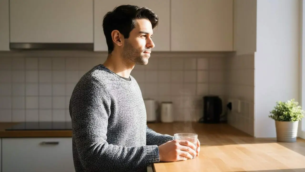 Vaso d&rsquo;aigua calenta en dej&uacute; per activar la digesti&oacute; i potenciar la hidrataci&oacute; corporal saludable cada dia &mdash; Imagen generada por IA