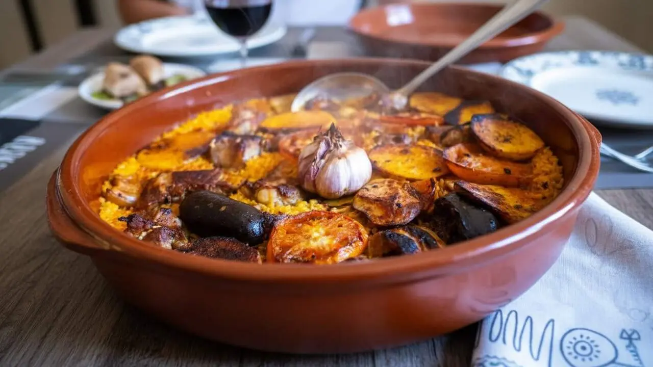Arrossada al forn valenciana tradicional amb doble brou, costella, panceta i morcilla en un plat mel&oacute;s i cruixent &mdash; Imagen generada por IA