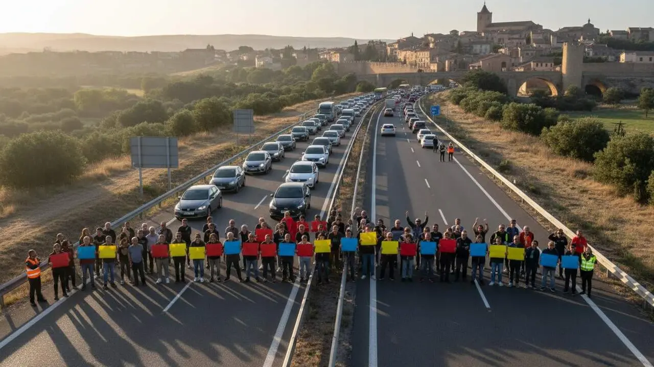  Vehicles i persones bloquejant l N 240 a Montblanc durant una manifestaci&oacute; sorpresa amb talls i retencions inesperades &mdash; Imagen generada por IA 