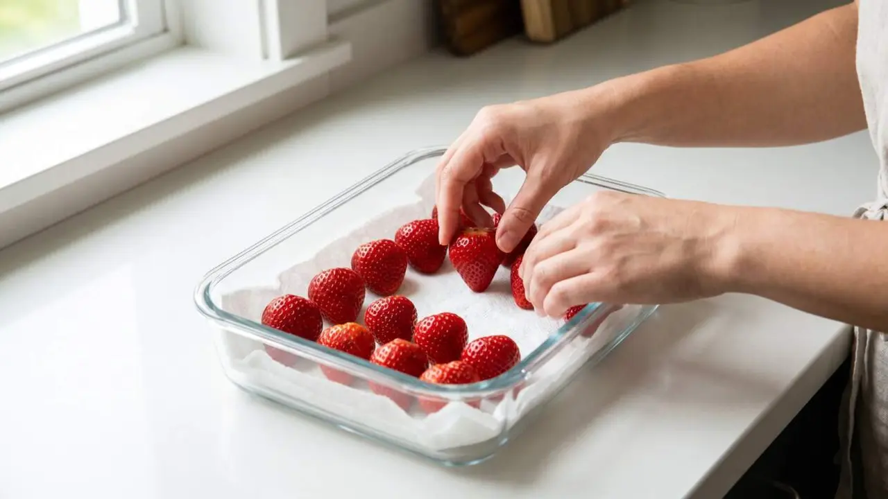  Maduixes fresques guardades correctament per conservar-les m&eacute;s dies i evitar que es malmetin r&agrave;pidament a casa &mdash; Imagen generada por IA 