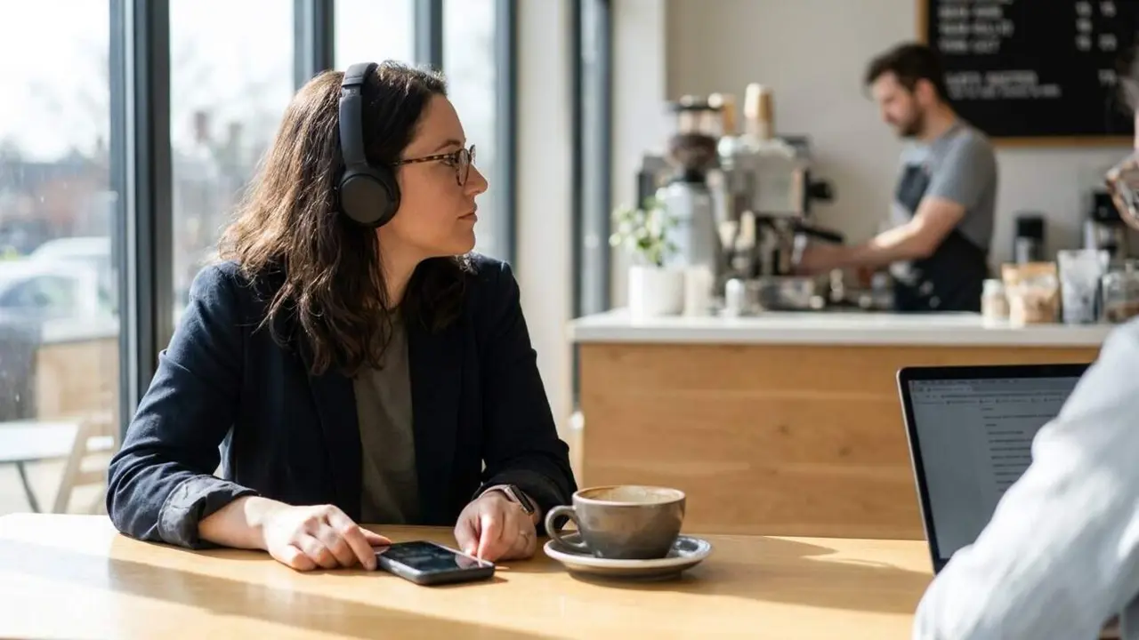Dona amb cabells arrissats i auriculars escoltant &agrave;udio Bluetooth al m&ograve;bil en un caf&egrave; modern amb transcripci&oacute; de veu a text &mdash; Imagen generada por IA
