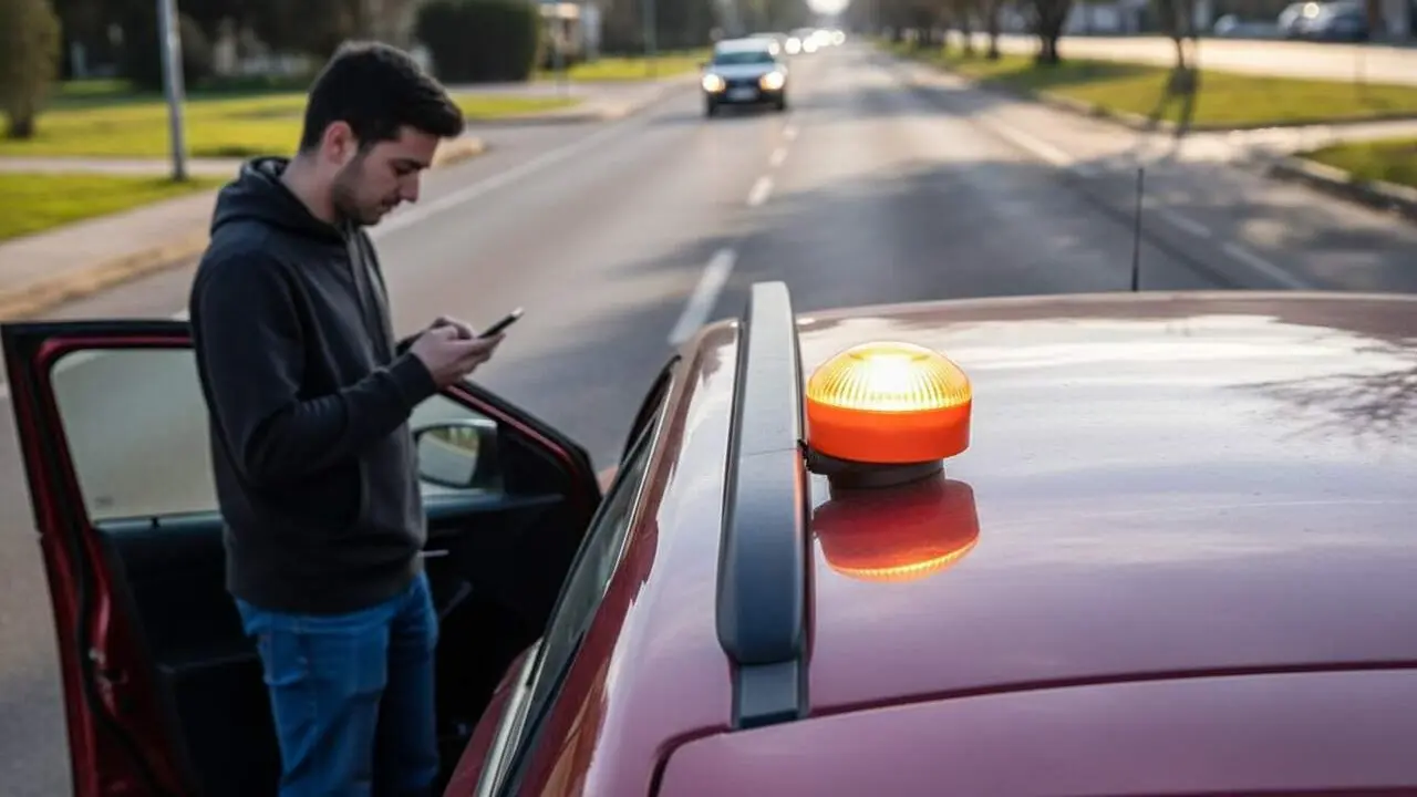 Balisa V-16 lluminosa en una carretera com a alternativa als triangles d&rsquo;emerg&egrave;ncia abans de l&rsquo;1 de gener 2026 &mdash; Imagen generada por IA
