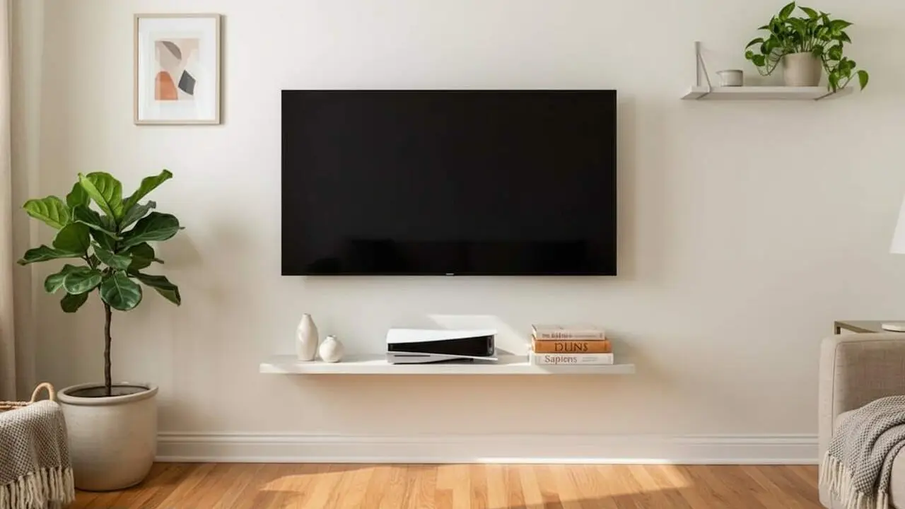 Sala d&rsquo;estar moderna amb televisor de pantalla plana i tecnologia avan&ccedil;ada que substitueix l&rsquo;estant tradicional de TV &mdash; Imagen generada por IA