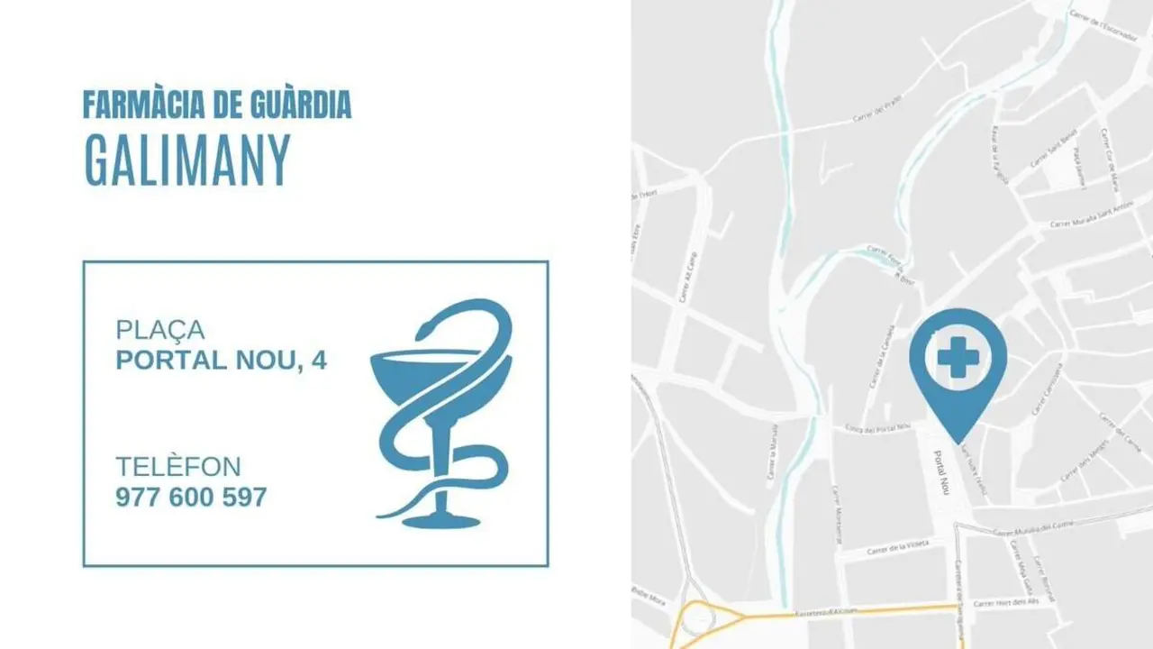 Farm&agrave;cia de gu&agrave;rdia avui a Valls Galimany ubicaci&oacute; i horaris a Pla&ccedil;a Portal Nou 4 per atenci&oacute; immediata de salut &mdash; Imagen de la Fuente