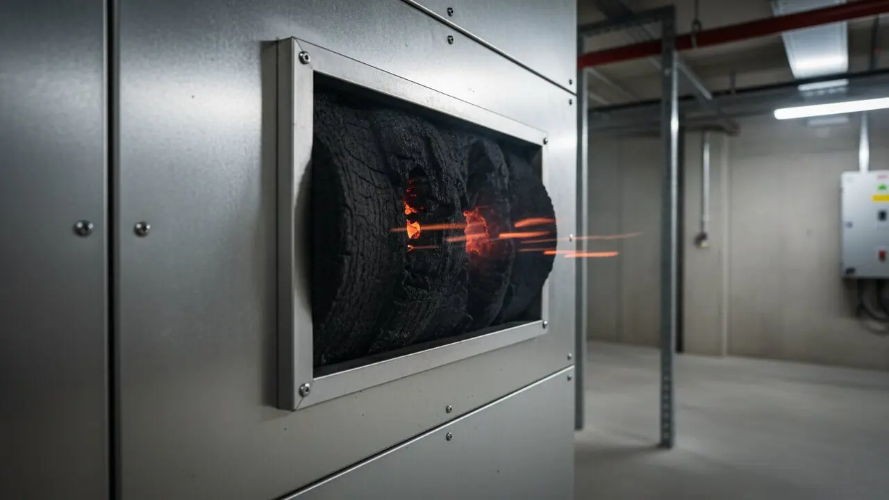  Reixeta intumescent en un conducte de ventilaci&oacute; segellant el pas del fum i el foc en un edifici modern &mdash; Imagen generada por IA 