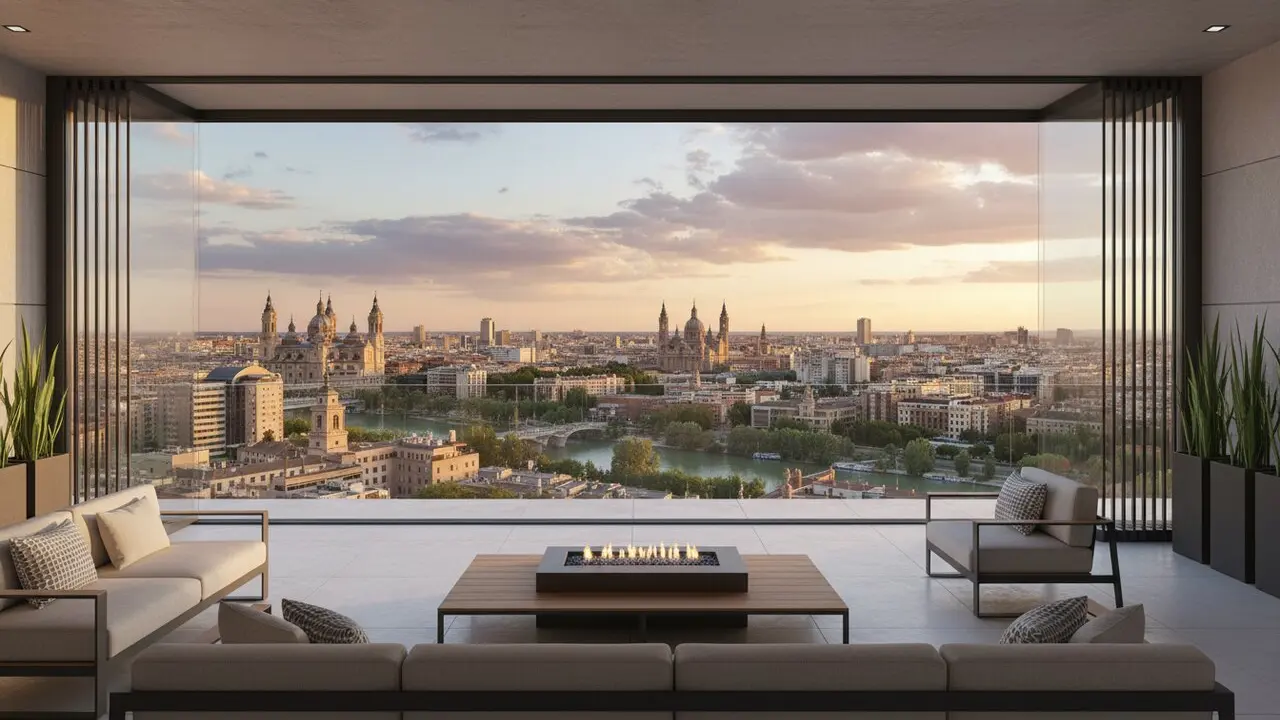  terrassa moderna amb cortines de vidre obertes i vista urbana de Saragossa &mdash; Imagen generada por IA 
