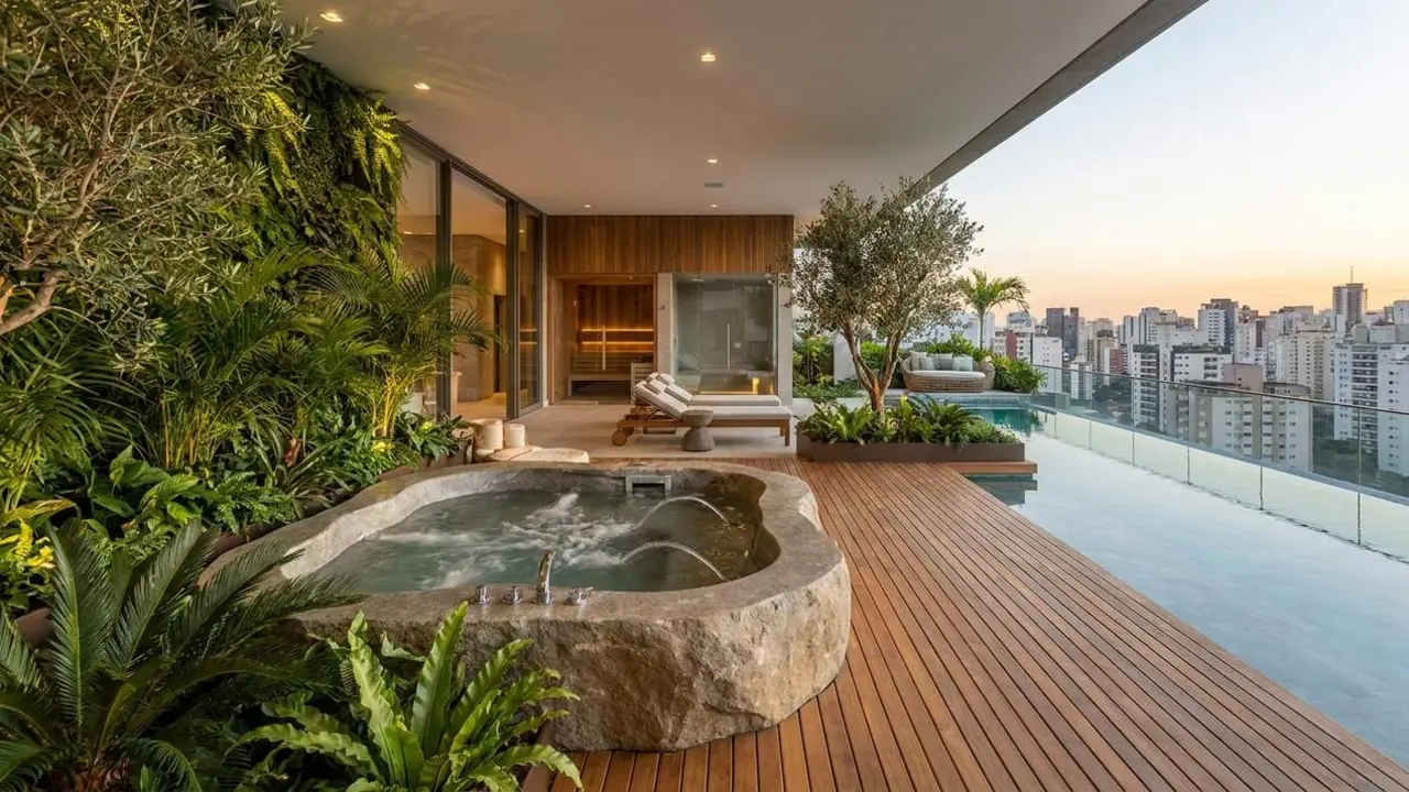  Interior modern amb spa i hidromassatge integrat en una terrassa amb vistes urbanes i plantes verdes &mdash; Imagen generada por IA 