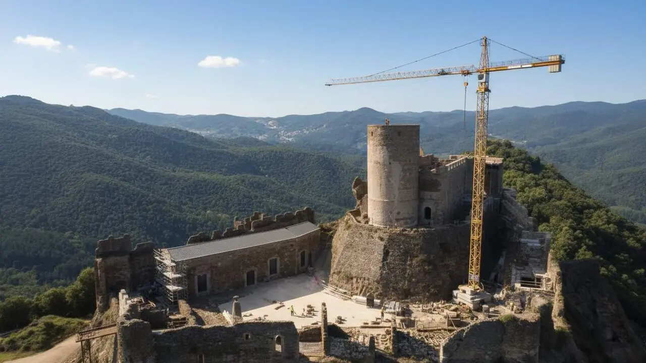  Vista panor&agrave;mica del castell g&ograve;tic de Montsoriu envoltat de natura i muntanyes al cor de la Selva &mdash; Imagen generada por IA 