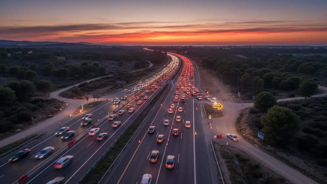  Retencions a l'AP-7 a Vandell&ograve;s amb pas alternatiu i caos circulatori en sentit nord cap a Girona a l&rsquo;hora punta &mdash; Imagen generada por IA 