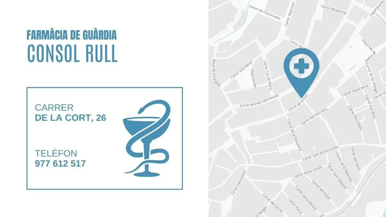  Farm&agrave;cia de gu&agrave;rdia Consol Rull Ferre a Valls avui al carrer de la Cort 26 amb servei disponible les 24 hores &mdash; Imagen de la Fuente 