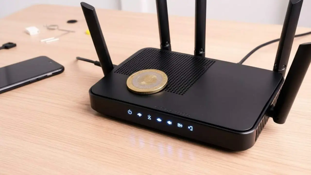  Moneda posada sobre router WiFi per millorar la connexi&oacute; i potenciar la senyal sense problemes de caigudes &mdash; Imagen generada por IA 