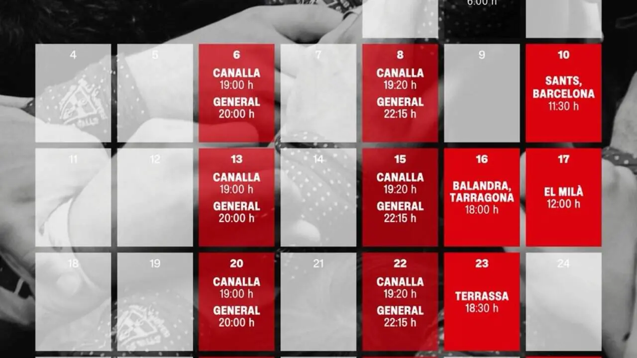 Calendari de la Colla Joves Xiquets de Valls per maig 2026 amb actuacions a Sants, Tarragona, El Mil&agrave;, Terrassa i Valls &mdash; Imagen de la Fuente