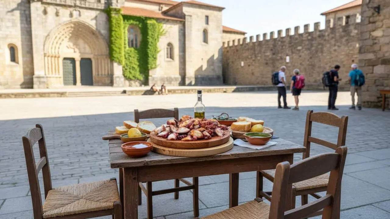  Vista panor&agrave;mica del poble de Ga on es menja el millor pop i es troba una catedral rom&agrave;nica amb muralles del segle XII al Cam&iacute; de Santiago &mdash; Imagen generada por IA 