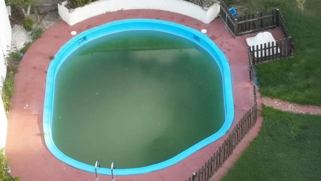  Dron sobrevolant una piscina sense manteniment a Pulp&iacute; per controlar mosquits i millorar la salut p&uacute;blica &mdash; Imagen generada por IA 