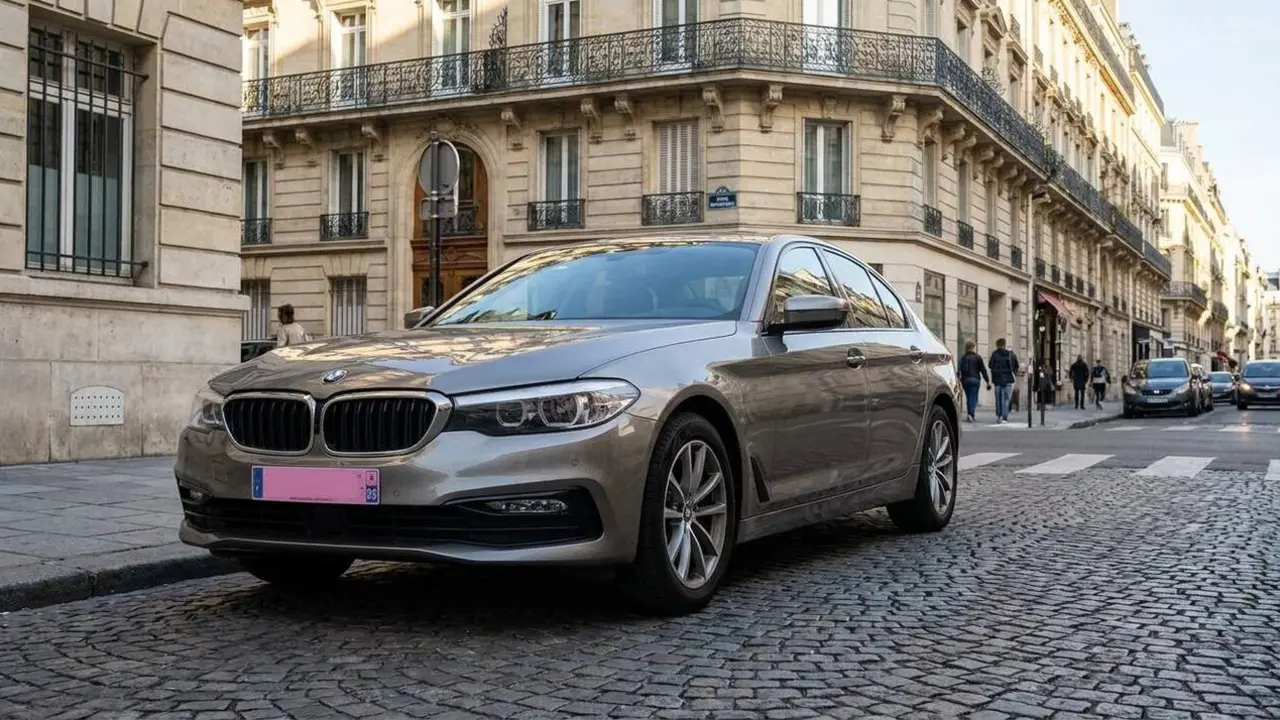  Cotxe amb matr&iacute;cula rosa a Fran&ccedil;a que anuncia la nova normativa a Espanya el 2026 per a vehicles sostenibles &mdash; Imagen generada por IA 