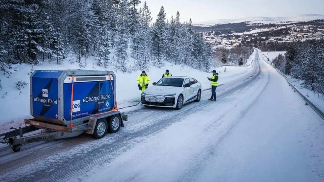  Cotxe el&egrave;ctric a Noruega superant condicions de fred extrem en test de rendiment i autonomia &mdash; Imagen generada por IA 