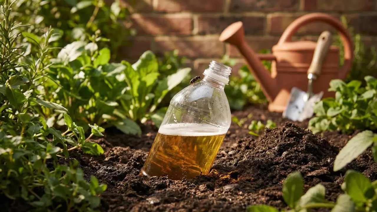  Ampolla de pl&agrave;stic amb cervesa al jard&iacute; per protegir les plantes i repel&middot;lir insectes de forma natural i efica&ccedil; &mdash; Imagen generada por IA 