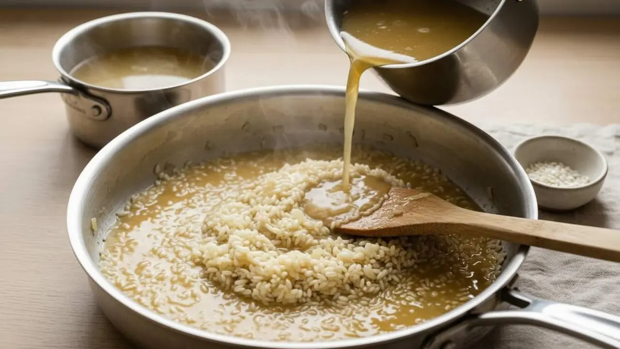  Arr&ograve;s nacarat en proc&eacute;s de cocci&oacute; mostrant la textura brillant que real&ccedil;a el sabor i la qualitat del plat final &mdash; Imagen generada por IA 