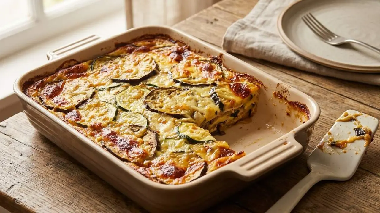  Primer pla d&rsquo;un past&iacute;s gratinat de carbass&oacute; i alberg&iacute;nia amb formatge daurat al forn, recepta saludable i f&agrave;cil &mdash; Imagen generada por IA 