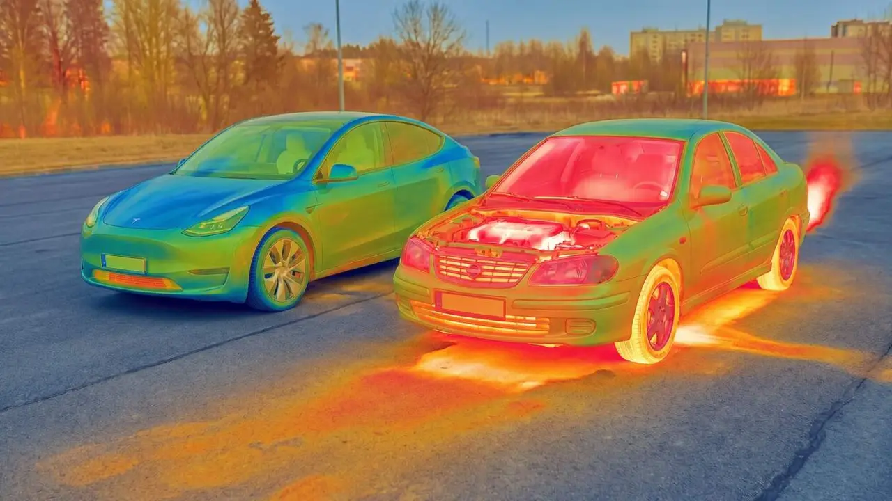 Imatge amb c&agrave;mera t&egrave;rmica que mostra la gran difer&egrave;ncia de temperatura entre cotxe el&egrave;ctric i cotxe de gasolina sota el cap&oacute; &mdash; Imagen generada por IA