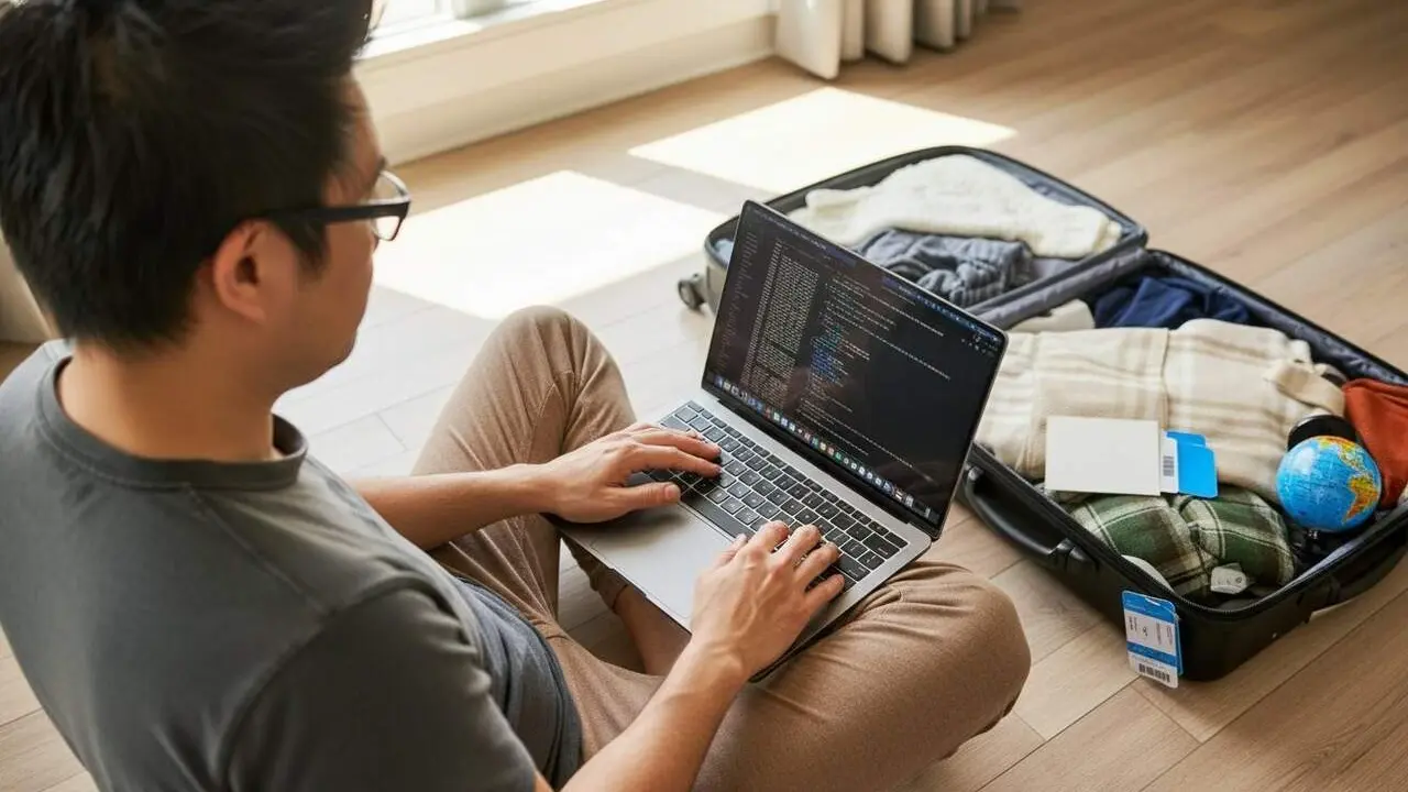 Programador treballant amb port&agrave;til mig obert en un espai de treball modern i connectat &mdash; Imagen generada por IA