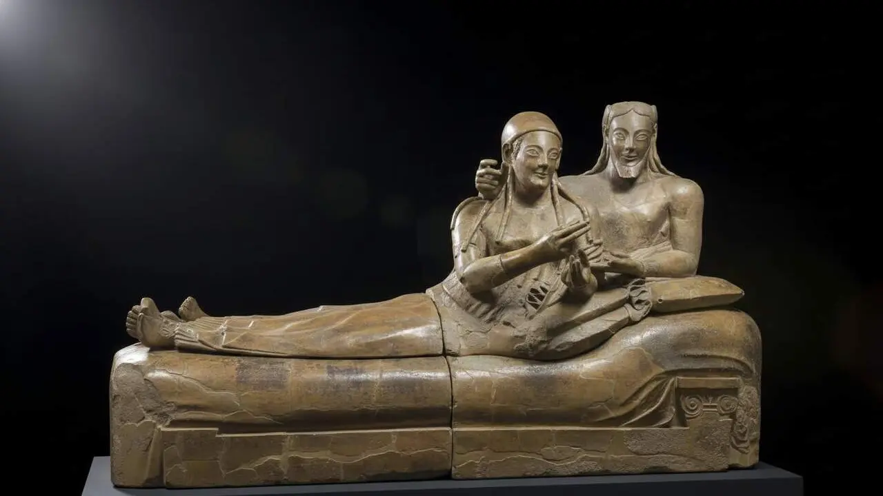 Sarc&ograve;fag dels esposos, urna funer&agrave;ria exposada al Museu Nacional de la Vil&middot;la Giulia a Roma. Aquest &eacute;s un dels s&iacute;mbols etruscs m&eacute;s important. Imatge real retocada amb IA.