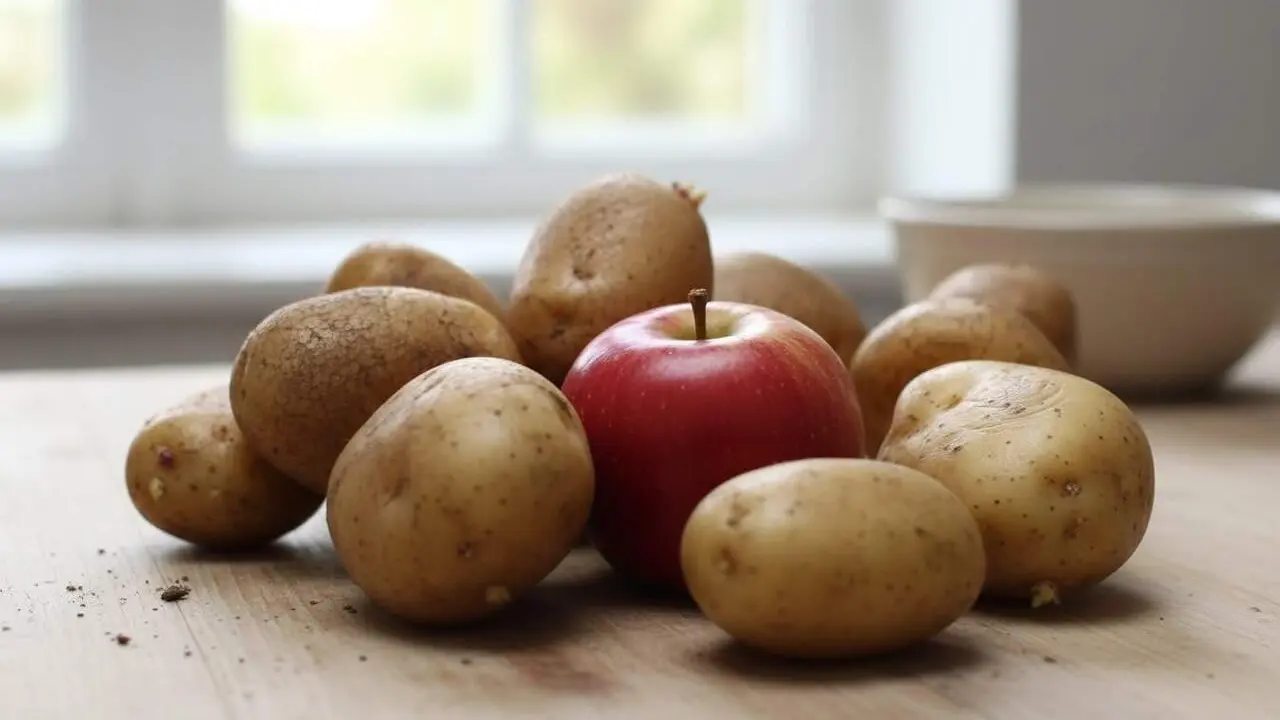 Patates fresques i sense germinaci&oacute; guardant-les al costat d&rsquo;una poma fresca per conservar millor &mdash; Imagen generada por IA
