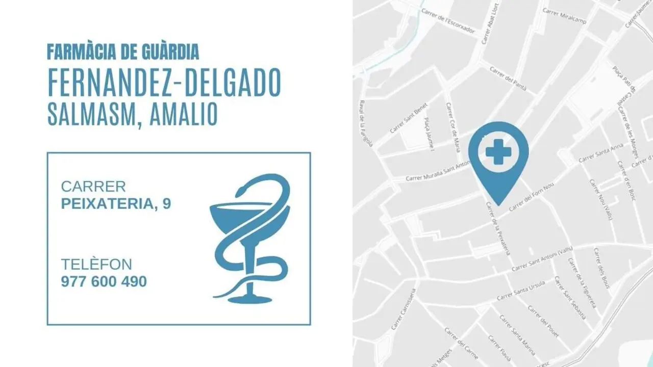  Farm&agrave;cia de gu&agrave;rdia a Valls avui amb Amalio Fernandez-Delgado al carrer Peixateria 9 &mdash; Imagen de la Fuente 