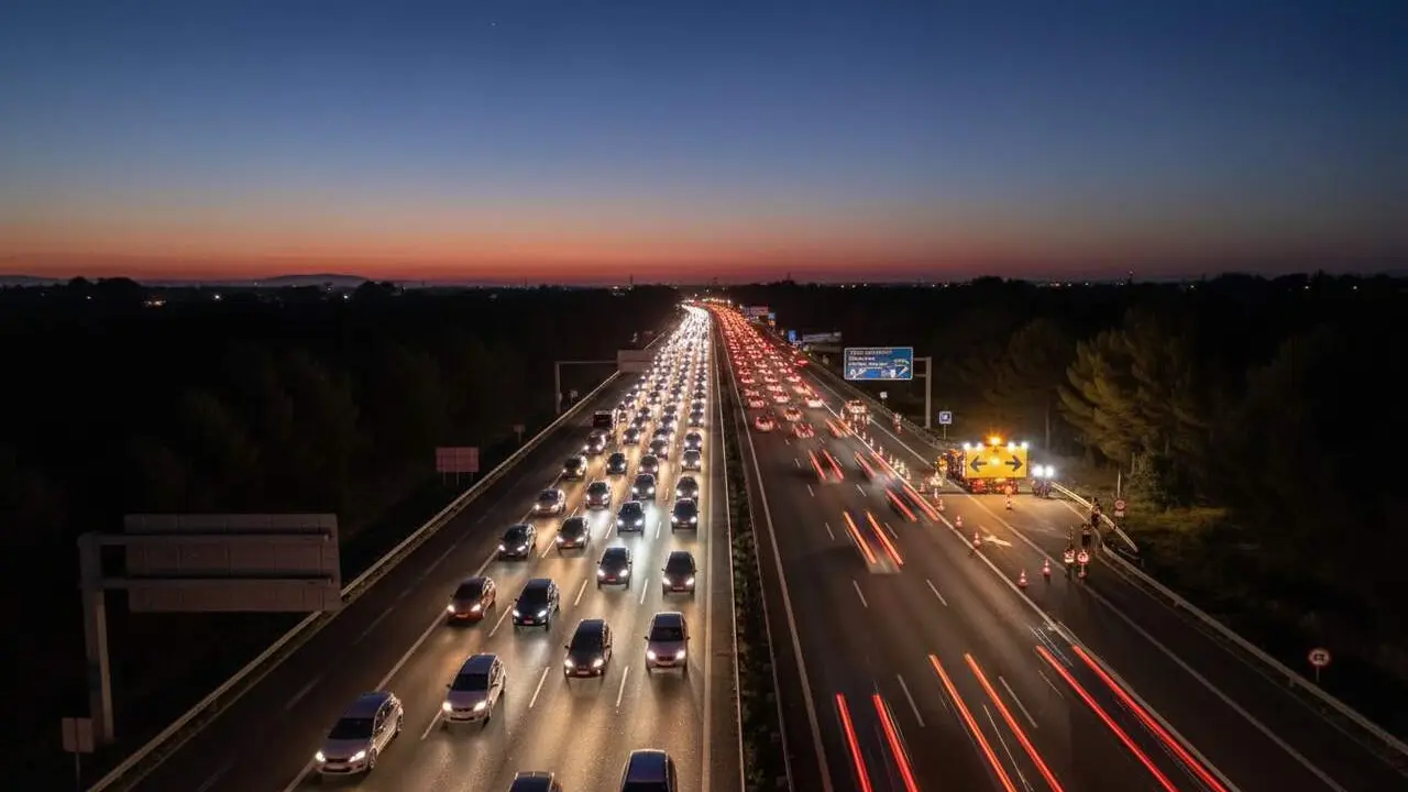  Congesti&oacute; nocturna a l&rsquo;AP-7 a Vandell&ograve;s amb desviaments i cues a la carretera sentit Barcelona &mdash; Imagen generada por IA 