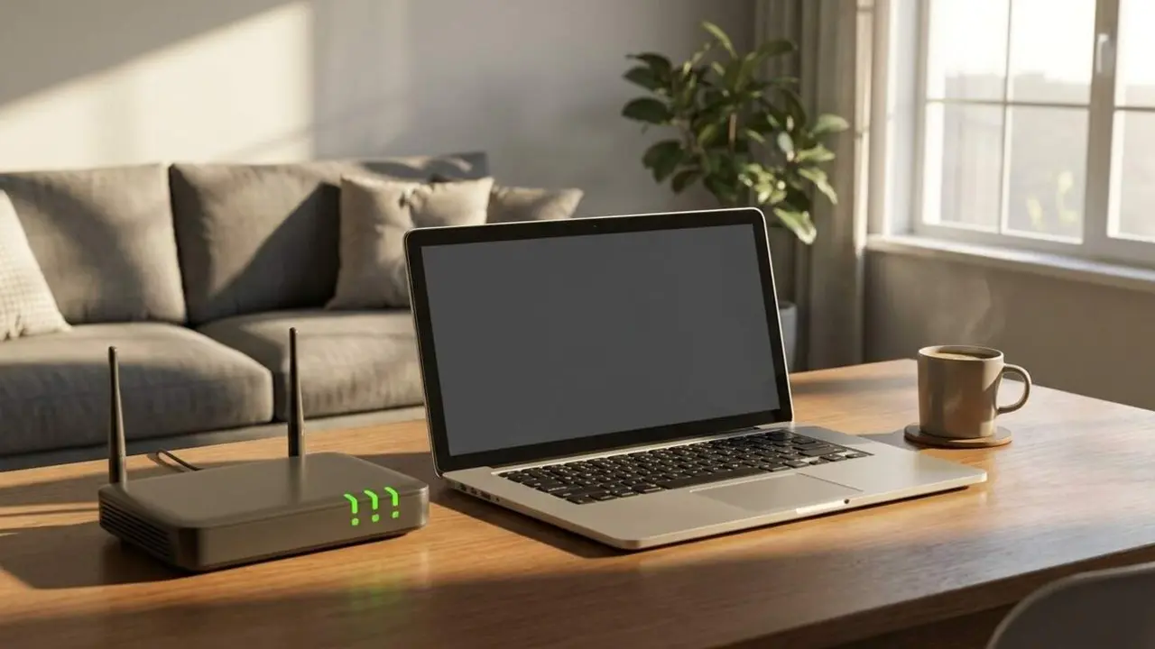 Router WiFi avan&ccedil;at amb llums d&rsquo;error i port&agrave;til per optimitzar la velocitat de connexi&oacute; a casa &mdash; Imagen generada por IA