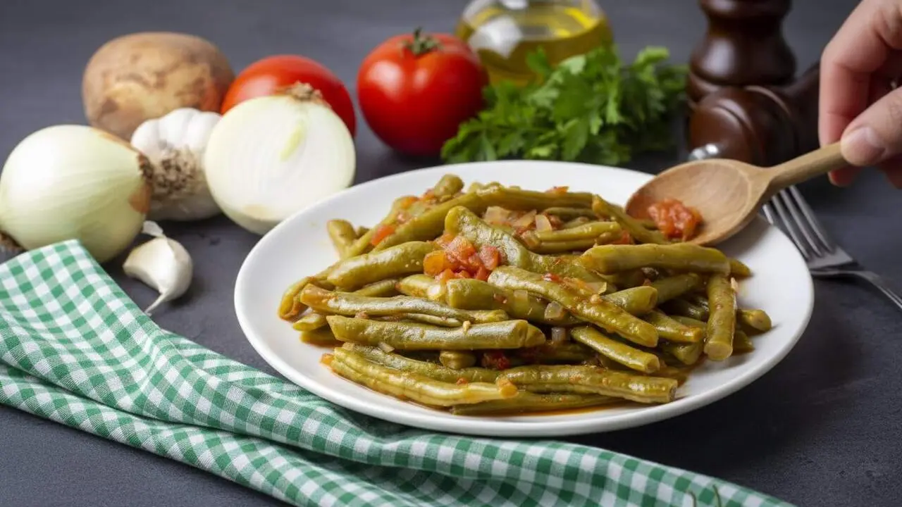  Plat de jud&iacute;es verdes turqueses amb tom&agrave;quet, all i ceba, una recepta saludable i plena de sabor tradicional &mdash; Imagen generada por IA 