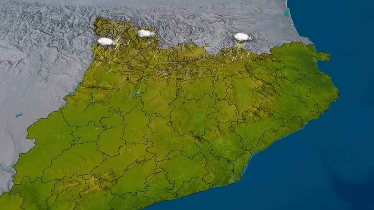  Mapa meteorol&ograve;gic amb temperatures pujant i ruixats al Pirineu mentre el litoral de Tarragona refresca lleugerament &mdash; Imagen generada por IA 