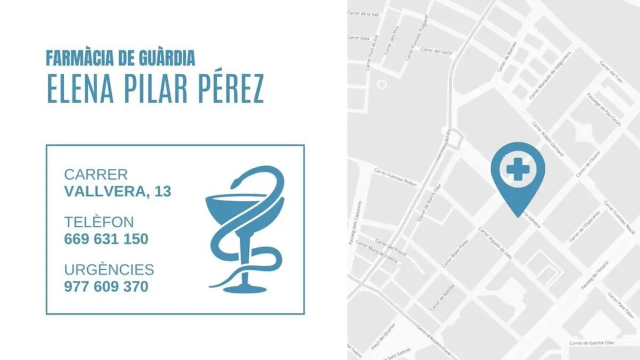  Farm&agrave;cia de gu&agrave;rdia a Valls avui amb Elena Pilar P&eacute;rez al carrer Vallvera 13 &mdash; Imagen de la Fuente 