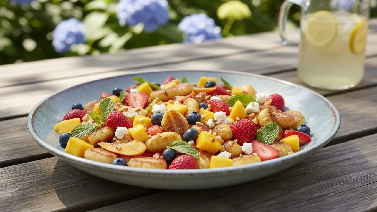 Amanida d&rsquo;estiu amb gnocchis i fruita fresca ideal per plats lleugers i refrescants durant la temporada calorosa &mdash; Imagen generada por IA