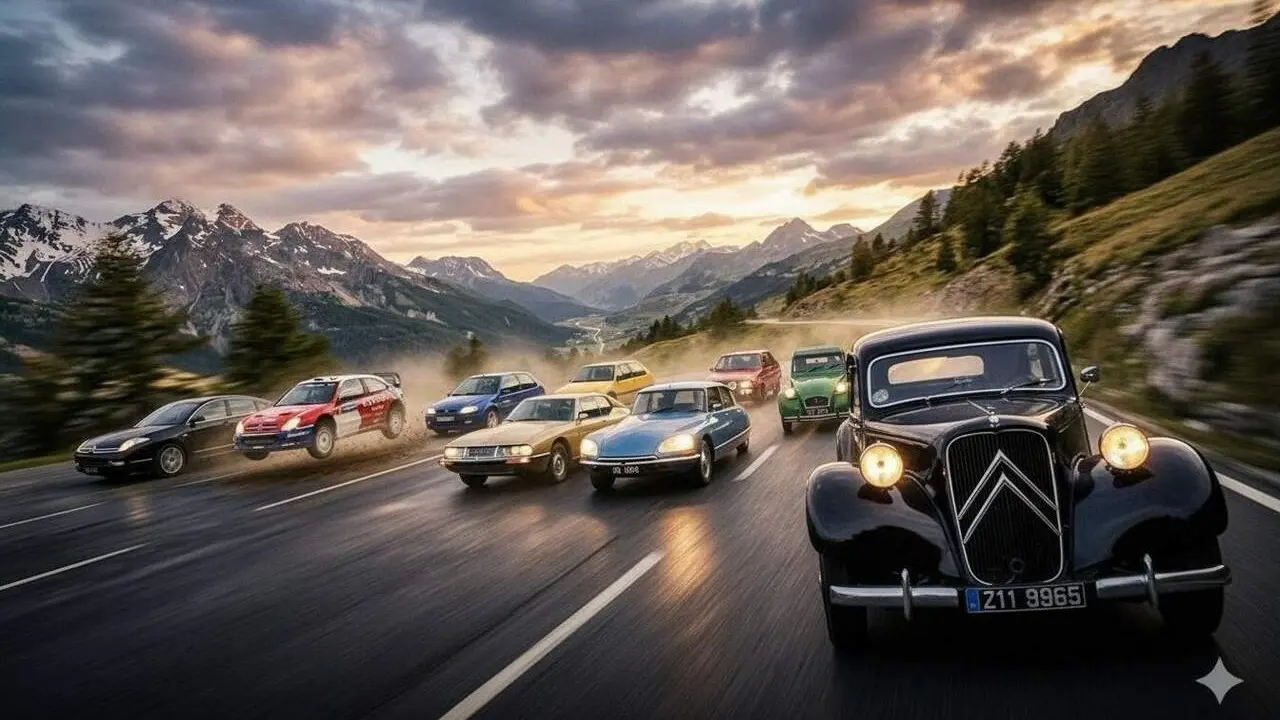 Models m&iacute;tics de Citro&euml;n en ordre cronol&ograve;gic mostrant l&rsquo;evoluci&oacute; revolucion&agrave;ria del disseny automotriu sobre rodes &mdash; Imagen generada por IA