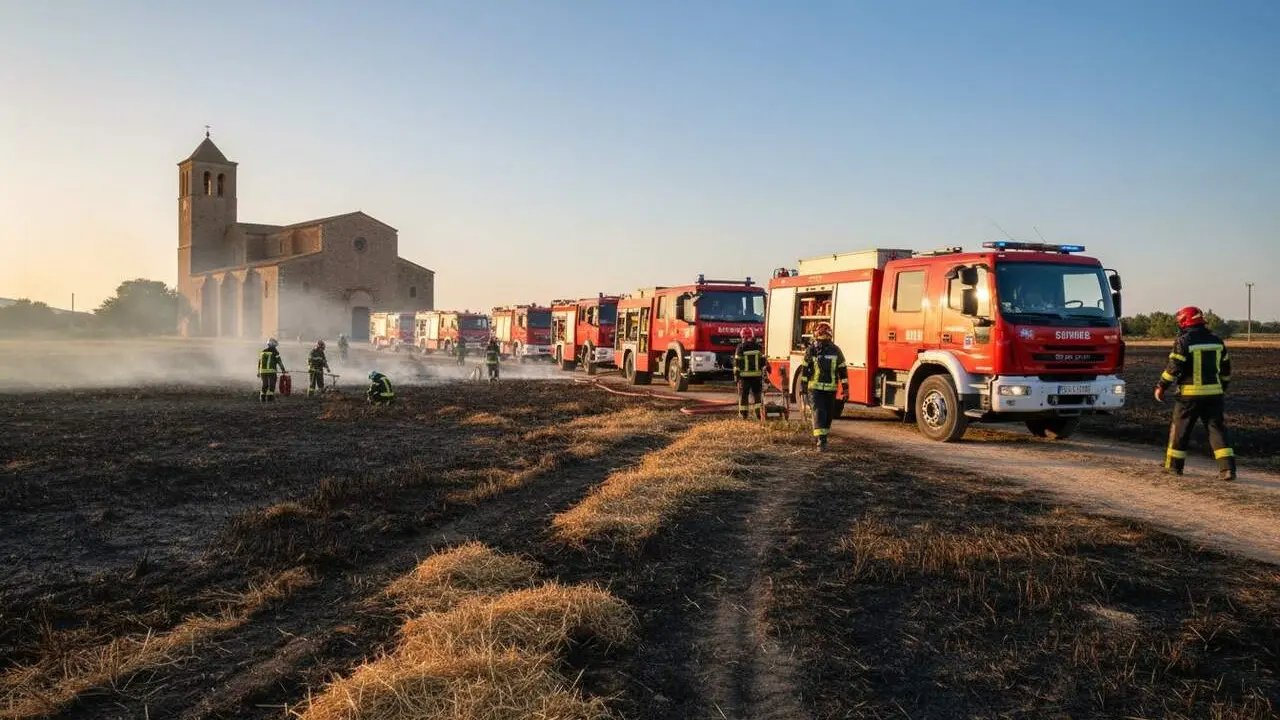  Set dotacions de Bombers treballant per controlar un incendi agr&iacute;cola al Pla de Santa Maria amb fum intens i flames visibles &mdash; Imagen generada por IA 