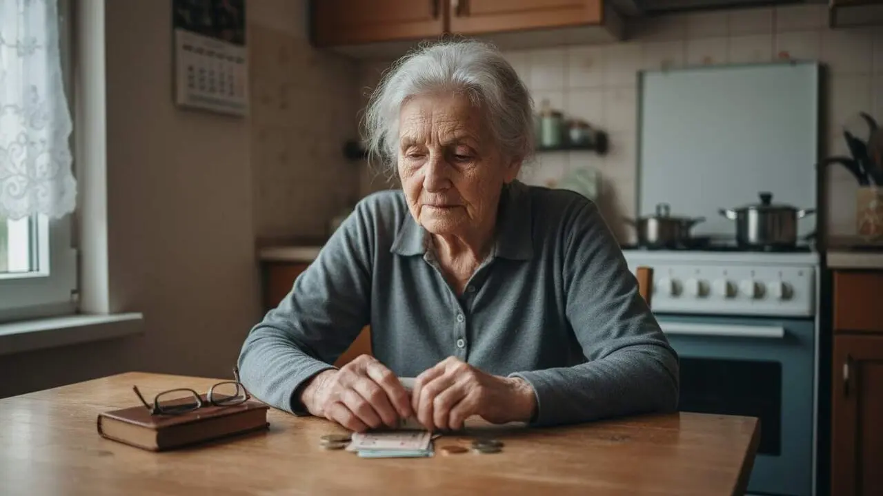 Persona reflexionant davant documents de pensions amb gr&agrave;fics que mostren la baixada de la pensi&oacute; m&iacute;nima de vidu&iuml;tat el 2026 &mdash; Imagen generada por IA