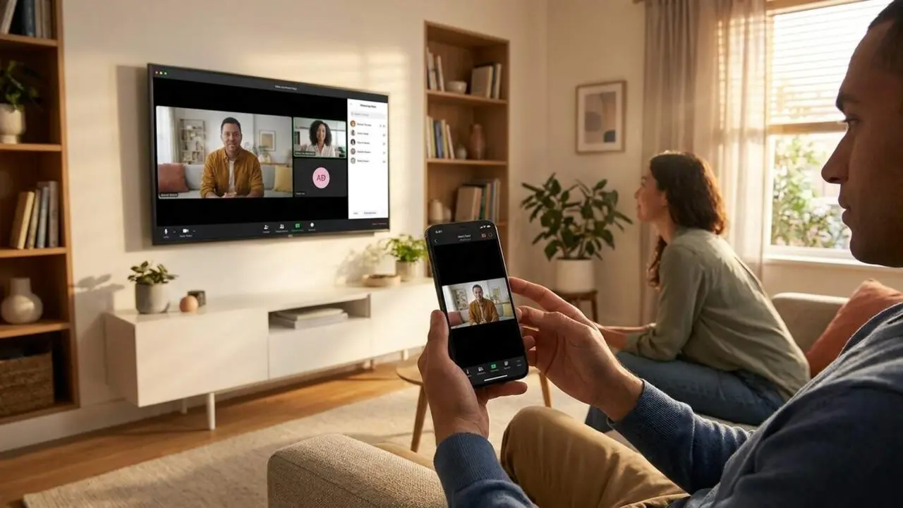 M&agrave;niga mostrant un tel&egrave;fon intel&middot;ligent amb pantalla projectada en una televisi&oacute; moderna per a mirroring m&ograve;bil a TV &mdash; Imagen generada por IA