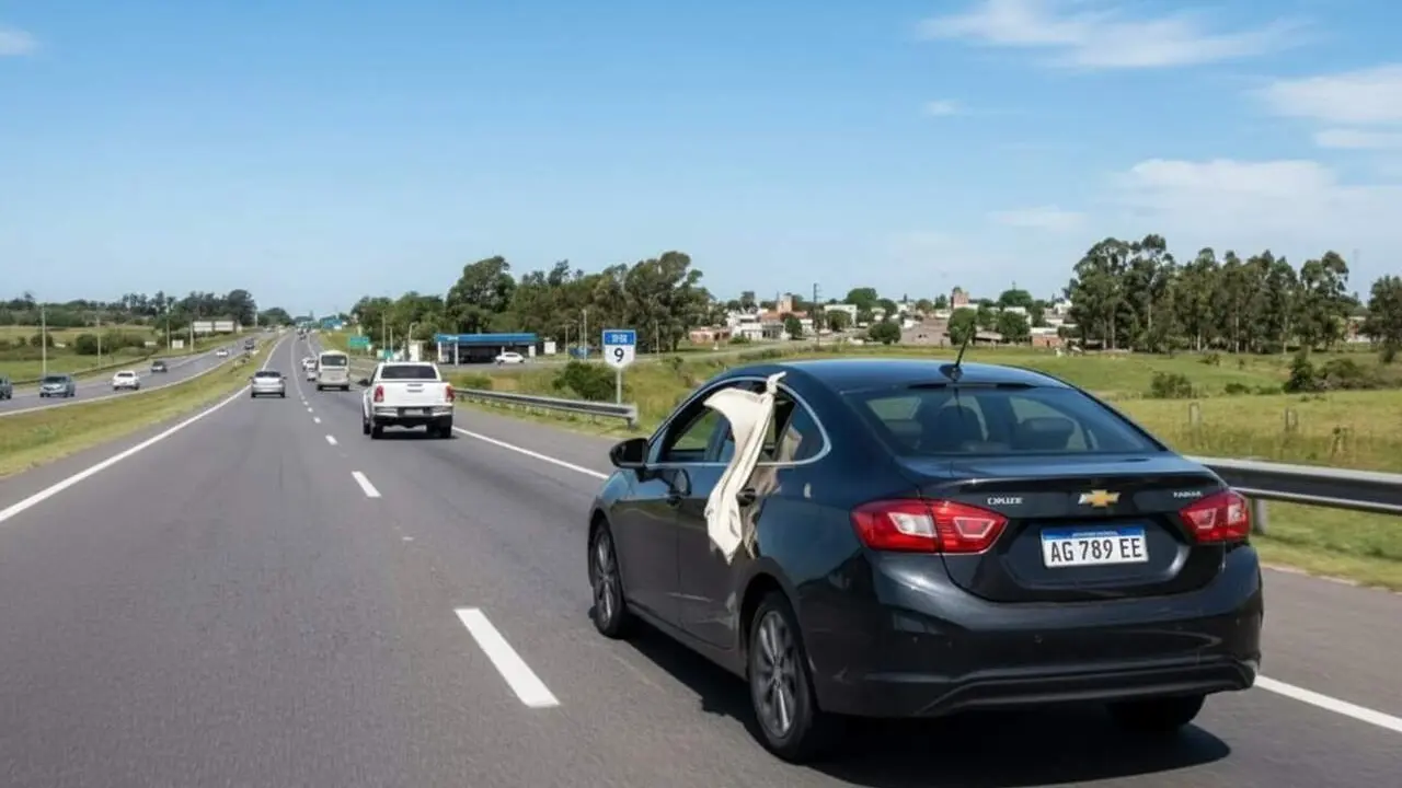 Tela blanca penjant d&rsquo;una finestra de cotxe significat i simbolisme en rutes i viatges per carretera &mdash; Imagen generada por IA