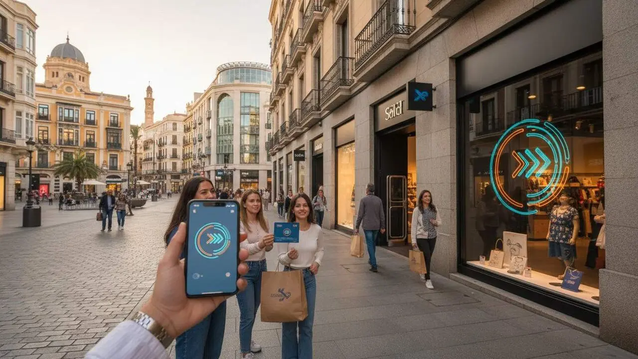Client pagant amb Bizum a una botiga f&iacute;sica a Espanya amb terminal de pagament digital modern &mdash; Imagen generada por IA