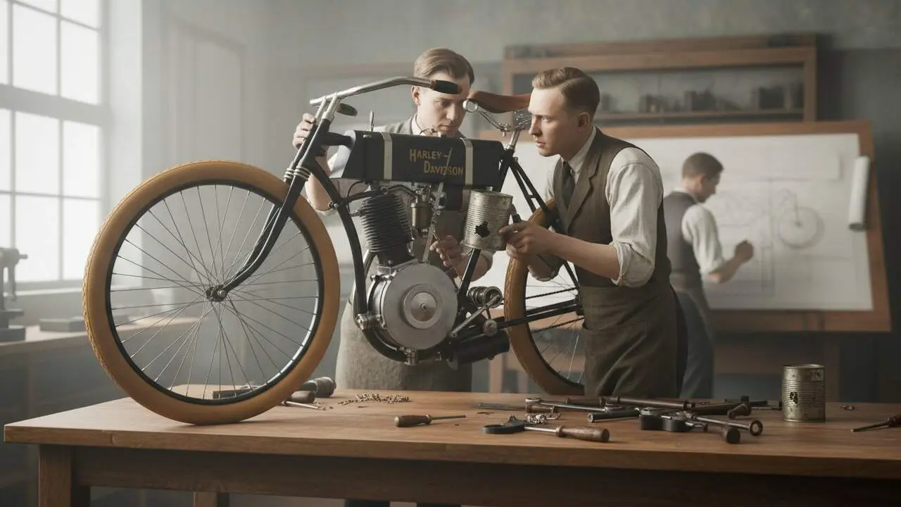  Tres enginyers inventen el primer carburador Harley-Davidson utilitzant una llauna de tom&agrave;quet fa 123 anys &mdash; Imagen generada por IA 